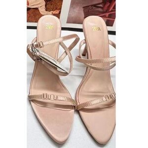 New Zara Nude Satin Pointed Toe Strappy High Heels Size 37
